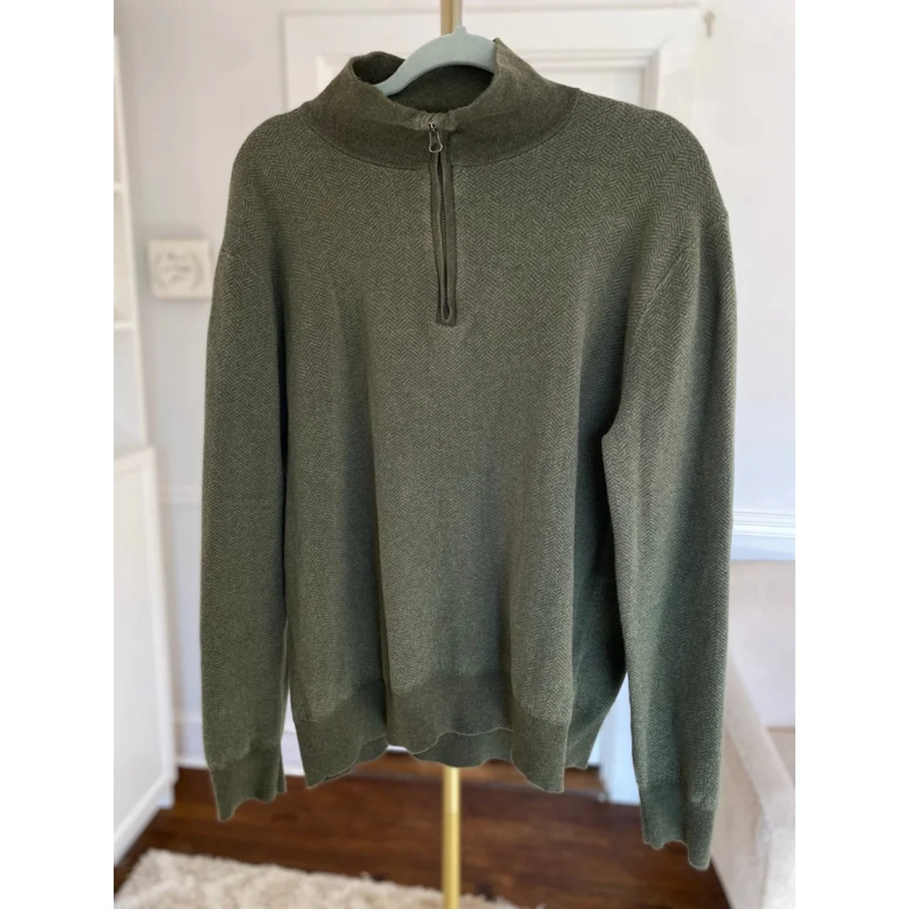 J Crew Quarter Zip Knit Sweater Olive Green Cotton Pullover Quiet Luxury Heritag